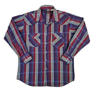 Vintage Men’s Western Plaid Button Up Shirt Purple Red XL